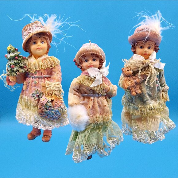 Victorian Girl Ornaments Dangle Legs Mauve Ivory Burgundy Christmas Set of 3 - Picture 2 of 8